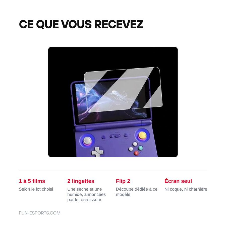 Contenu du lot : 1 a 5 films souples selon le lot choisi, 2 lingettes, decoupe dediee a la Retroid Pocket Flip 2, ecran seul