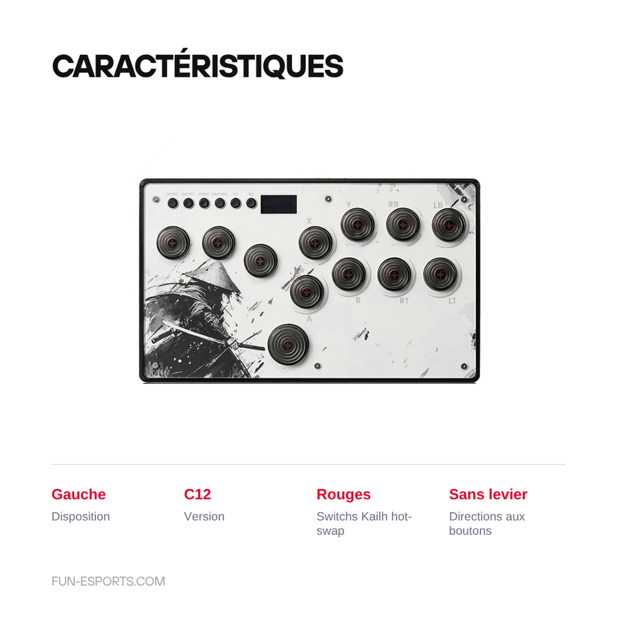 Mini hitbox C12 version, left layout, red Kailh hot-swap switches, directions on buttons