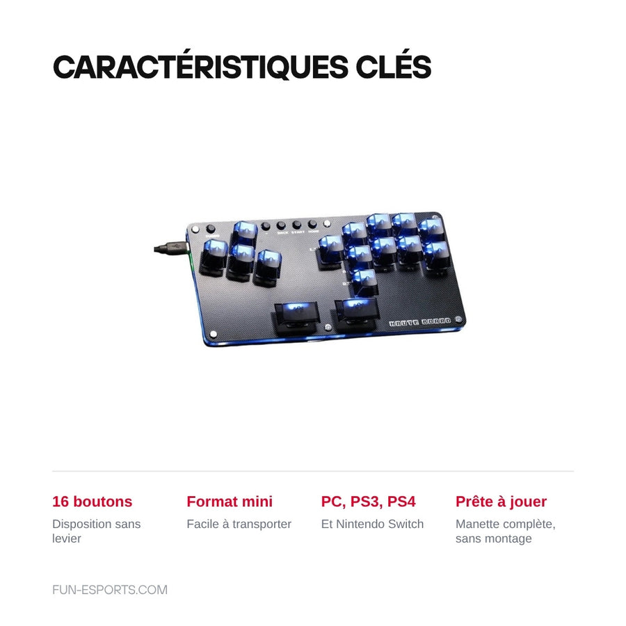Haute42 mini hitbox key features: 16 leverless buttons, mini format, PC, PS3, PS4 and Switch, ready to play