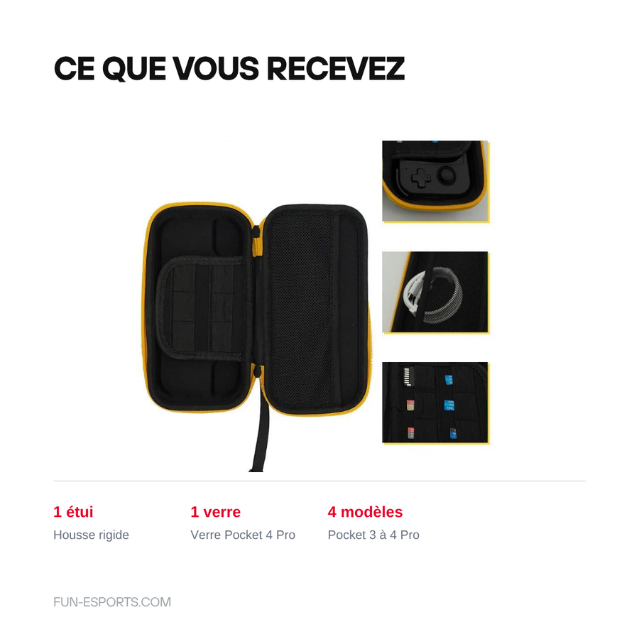 Contenu du kit de la housse Retroid Pocket : un étui rigide et un verre trempé au format Pocket 4 Pro selon la variante
