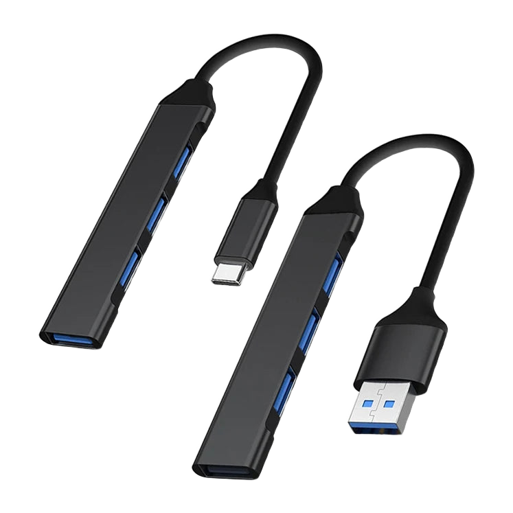 Hub compact à quatre ports USB alignés, relié à un câble court de 15 cm