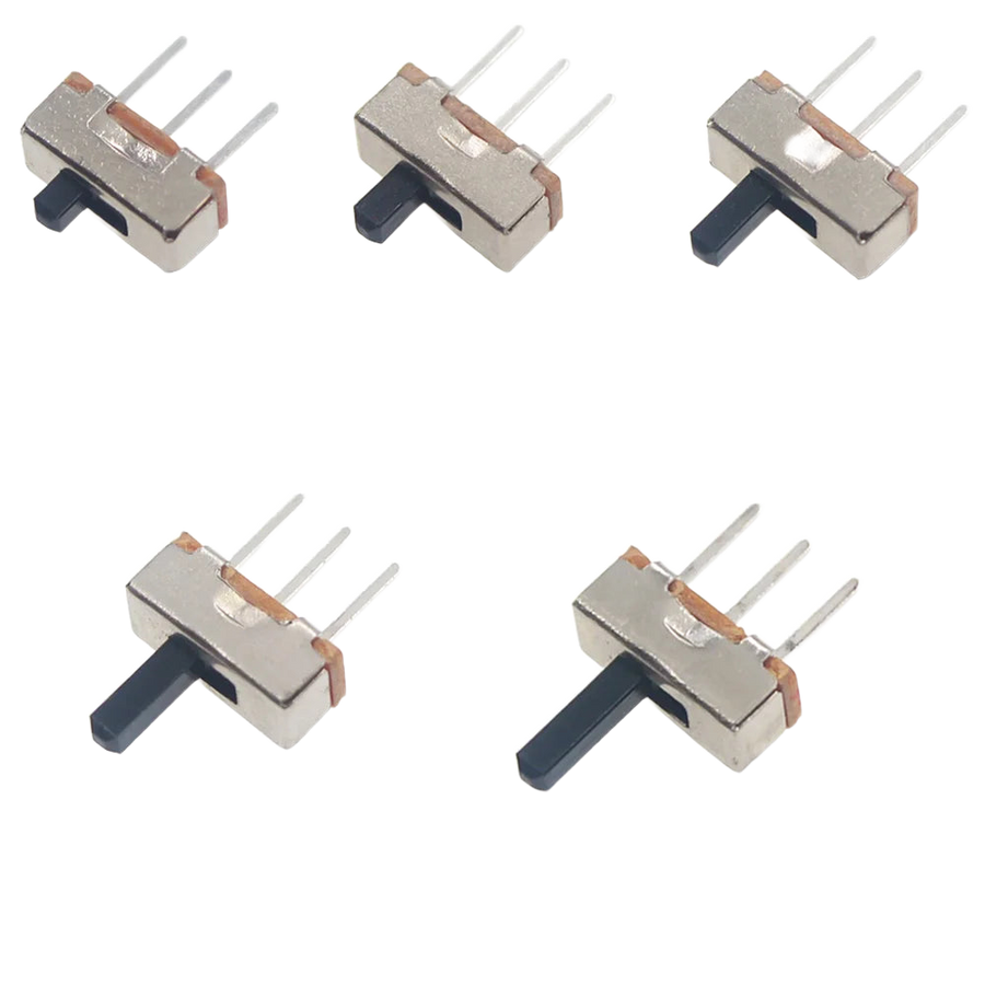 Lot de vingt micro-interrupteurs coulissants SS12D00 à trois broches, vus alignés sur fond neutre