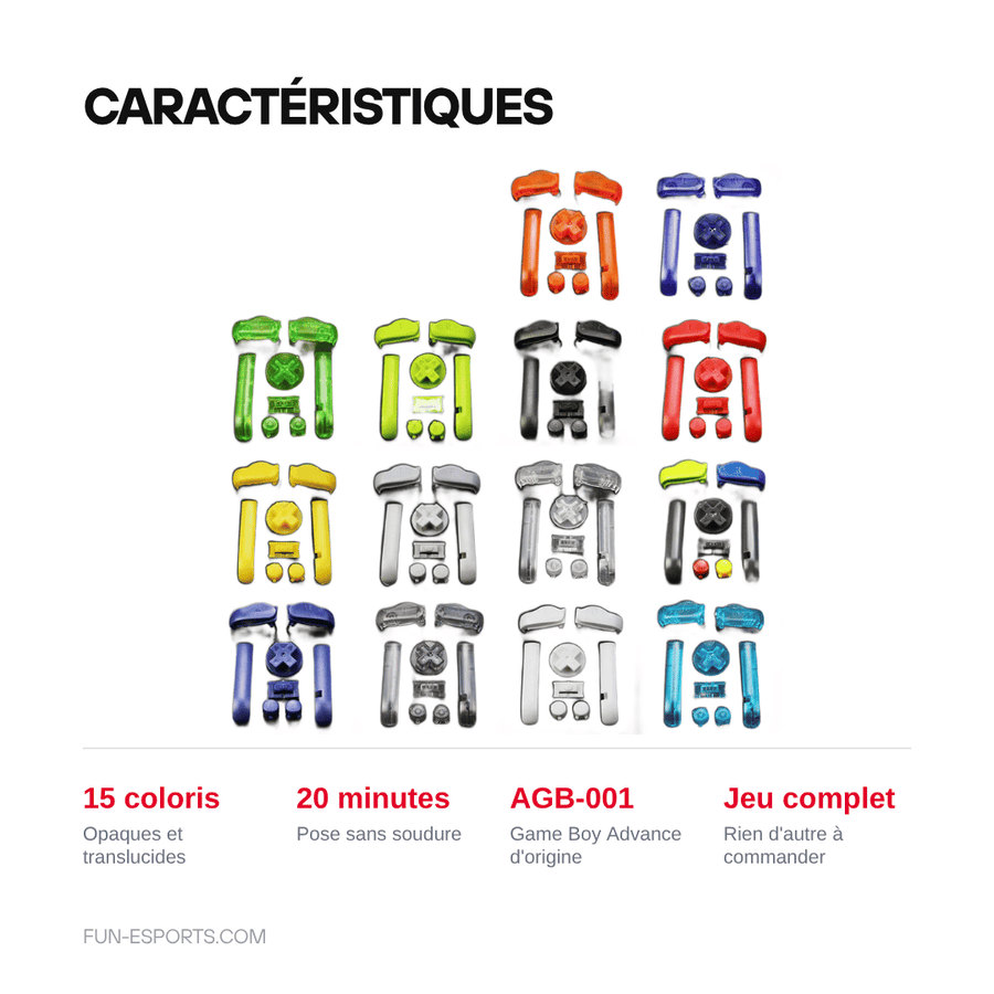 Caractéristiques — Jeu de boutons Game Boy Advance — A/B, croix, L/R, 15 coloris