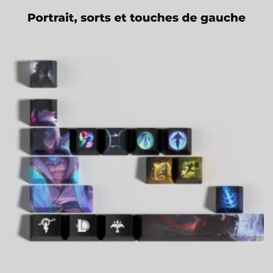 Aphelios League of Legends keycaps — detail: portrait, spells and left-hand keys