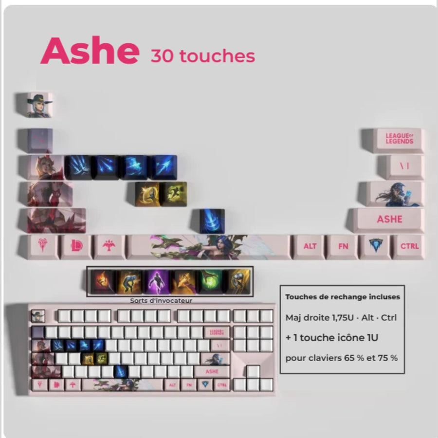 Ashe League of Legends keycaps — 30-key set with spare keys