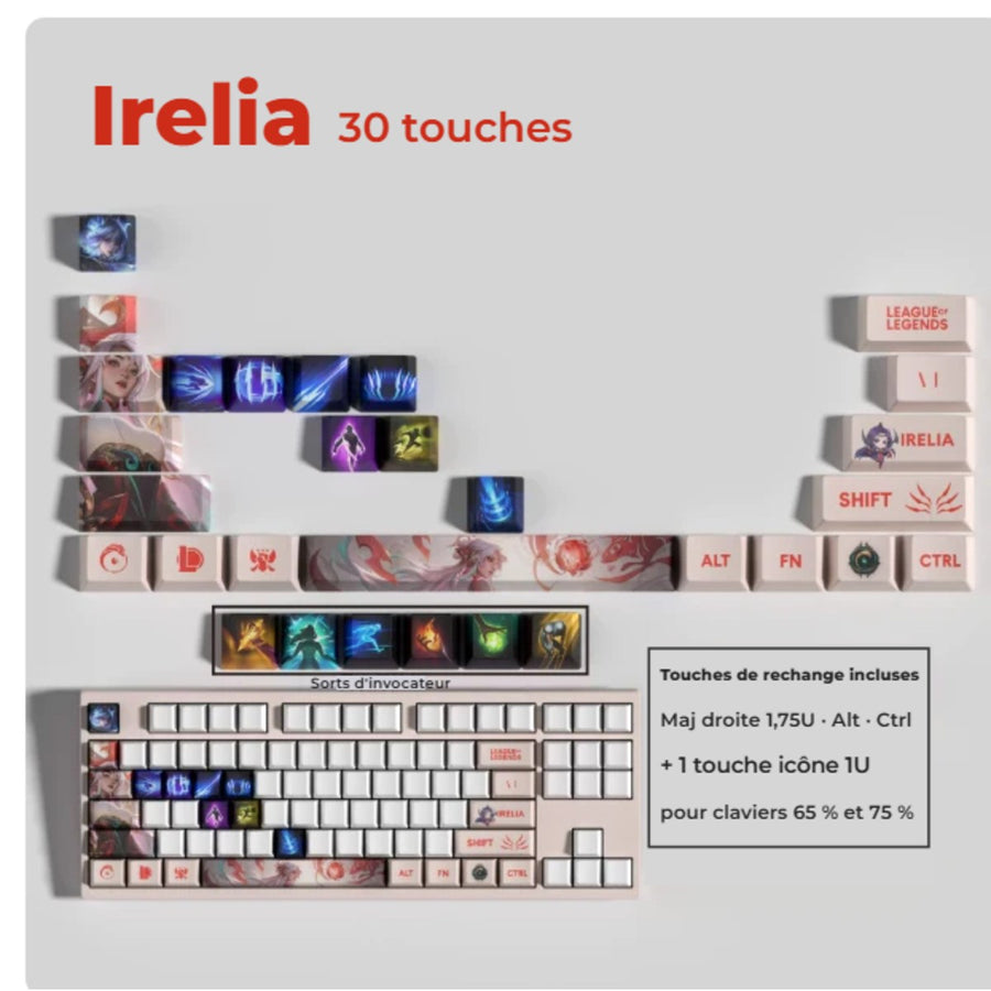 Irelia League of Legends keycaps — 30-key set with spare keys