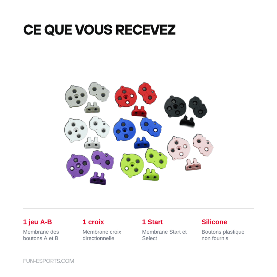 Ce que vous recevez — Kit caoutchoucs conducteurs Game Boy Advance — A-B, croix, Start