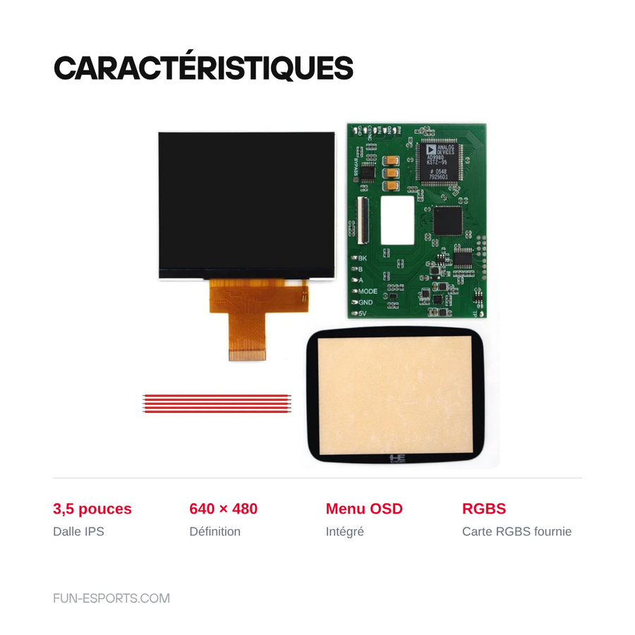 Merkmale des IPS-Display-Kits von Hispeedido für PC Engine GT: 3,5-Zoll-Panel, 640 × 480, OSD-Menü, RGBS-Platine