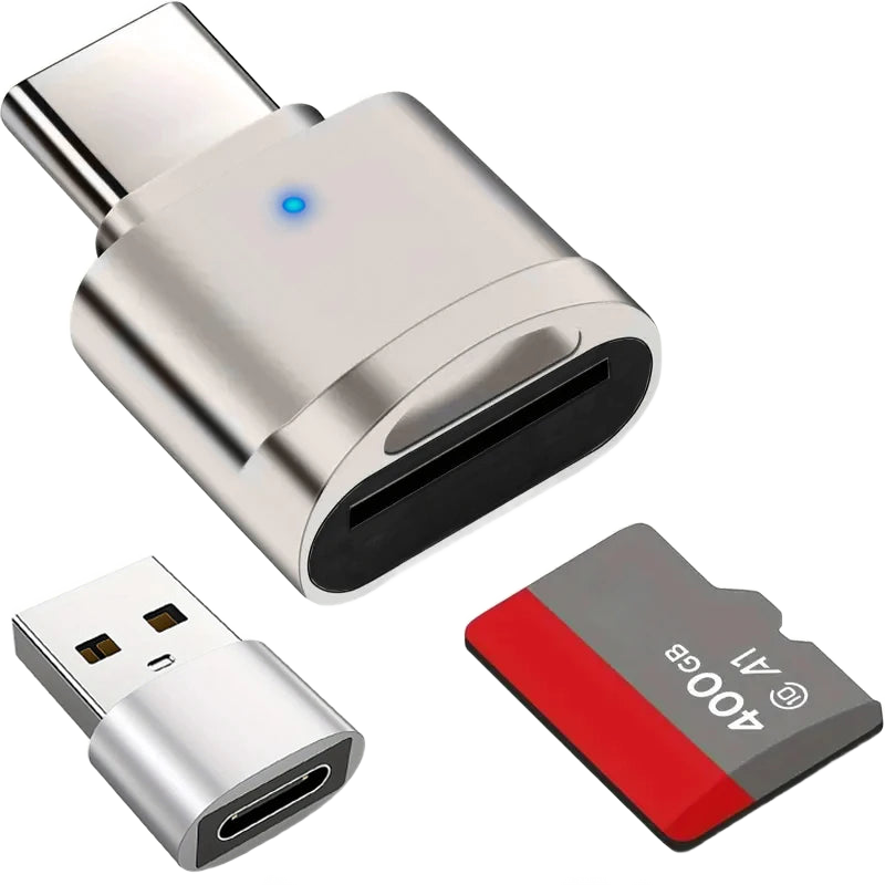Lecteur de carte microSD à corps en zinc avec connecteur USB-C et son adaptateur USB-A