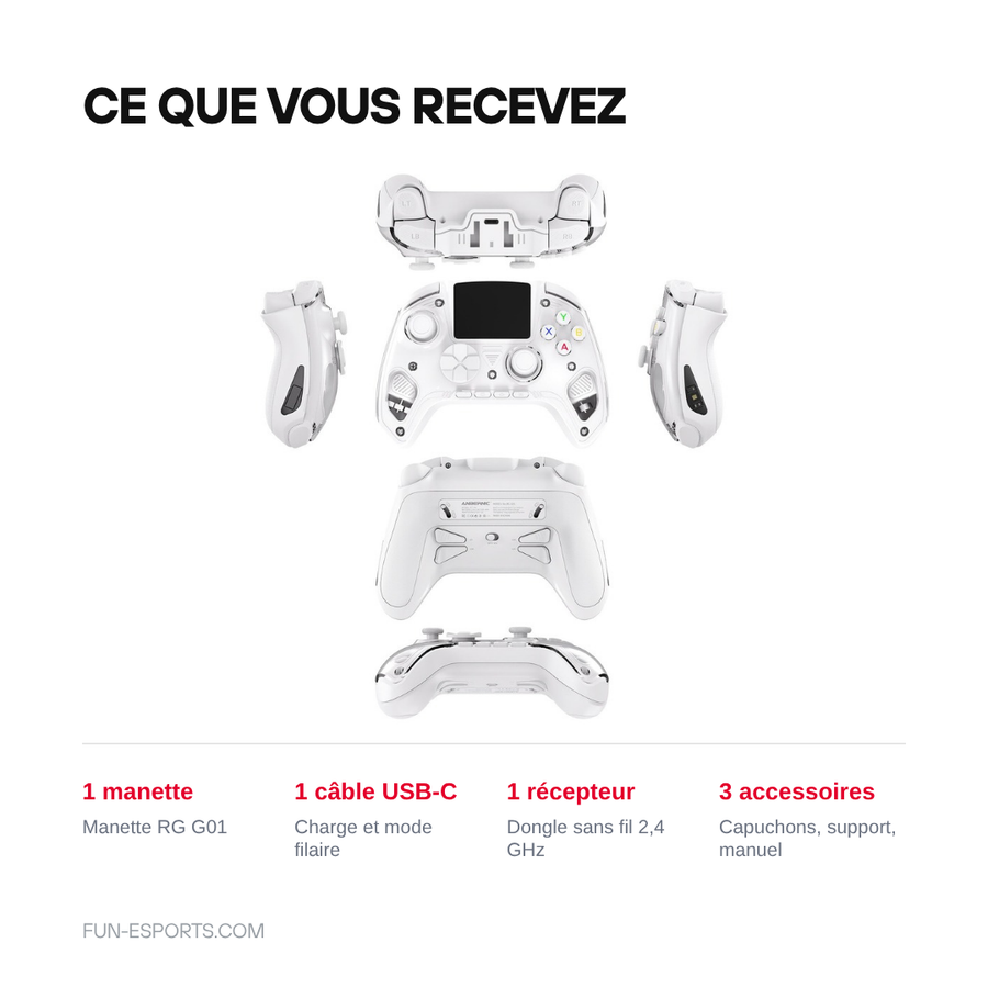 Contenu du kit de la manette Anbernic RG G01 : manette, câble USB-C, récepteur 2,4 GHz et accessoires