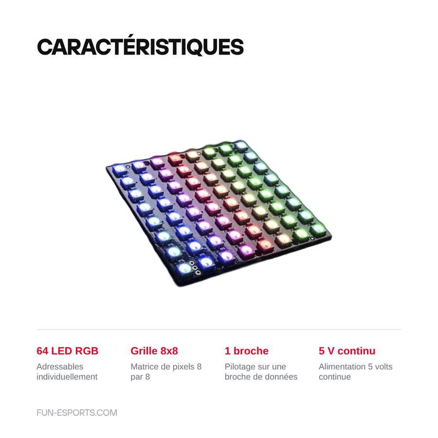 Caractéristiques — Matrice LED RGB 8x8 WS2812 — 64 pixels adressables, pixel art DIY