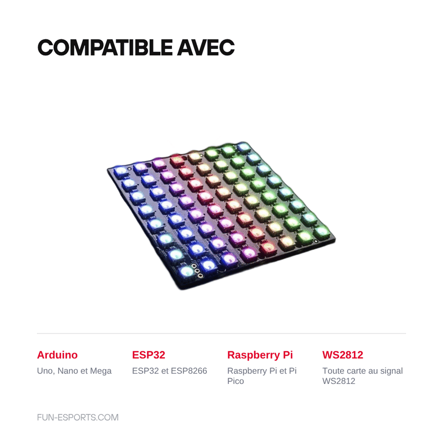 Compatible avec — Matrice LED RGB 8x8 WS2812 — 64 pixels adressables, pixel art DIY