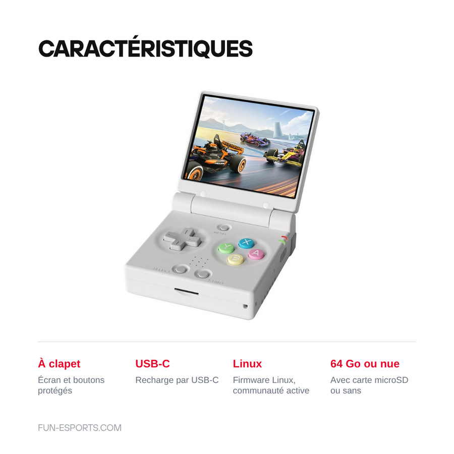 Caractéristiques de la Miyoo Mini Flip : format à clapet, recharge USB-C, firmware Linux, version 64 Go ou sans carte