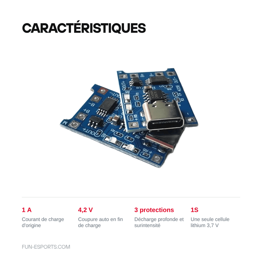 Caractéristiques — Module de charge TP4056 batterie lithium 1S — USB-C, micro ou mini