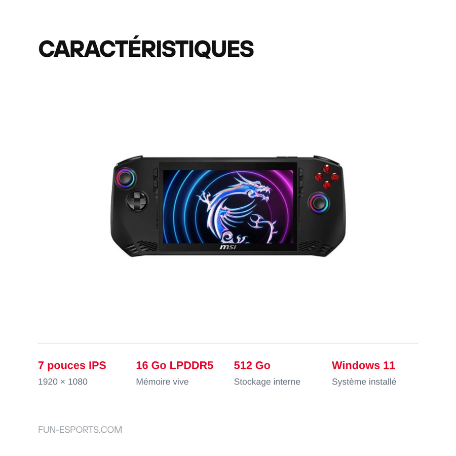 Caractéristiques de la MSI Claw A1M : écran 7 pouces IPS 1920 × 1080, 16 Go LPDDR5, 512 Go de stockage, Windows 11