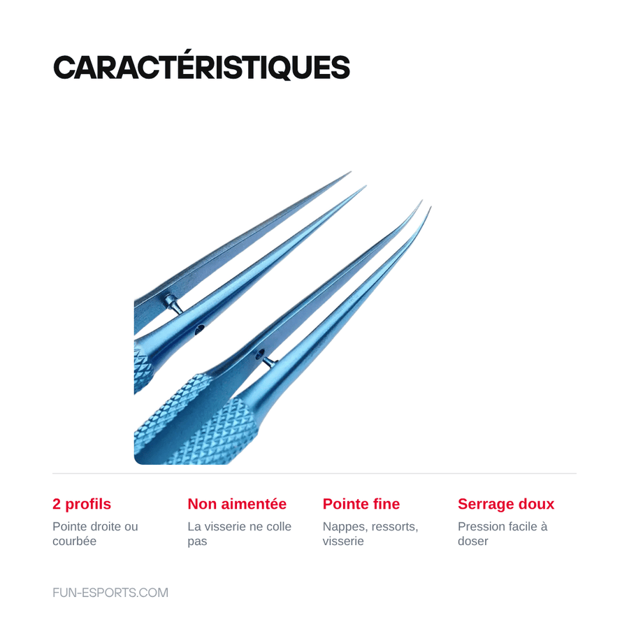 Caractéristiques — Pincette de précision antimagnétique — pointe droite ou courbée