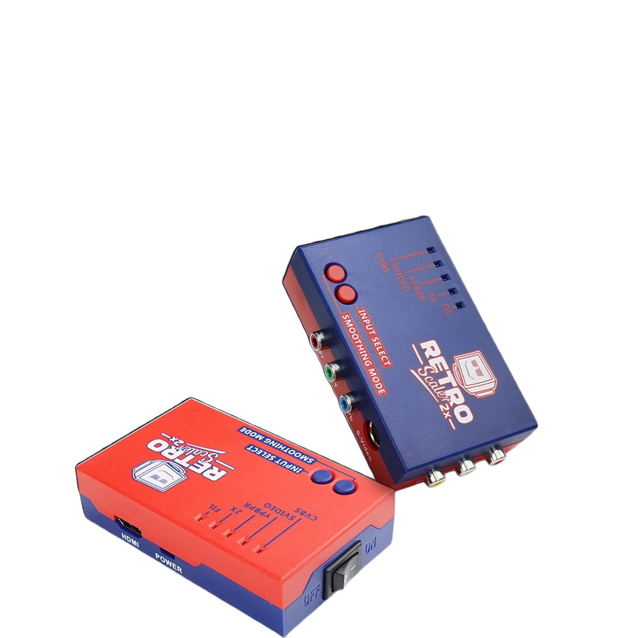 Petit boîtier convertisseur vidéo vu de trois quarts, entrées analogiques et sortie HDMI visibles