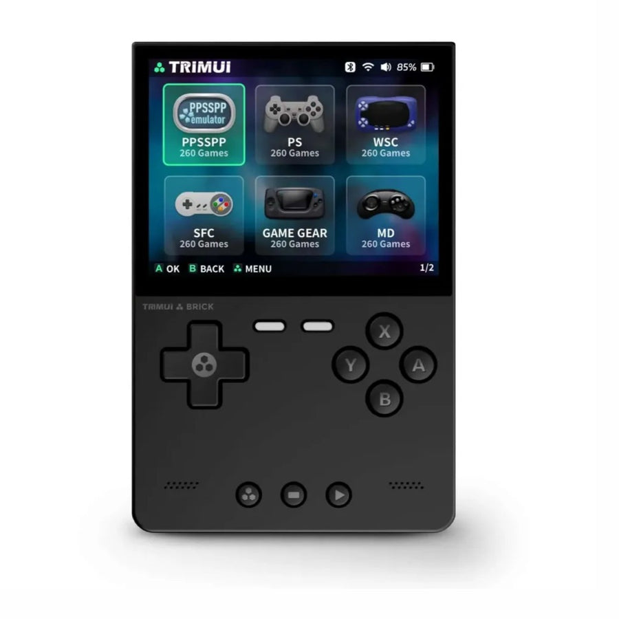 Console TRIMUI Brick affichant un jeu sur son écran IPS 3,2 pouces.
